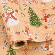 HOMERAL Christmas Wrapping Paper Roll - Kraft Gift Wrap with Reindeer, Snowman, Christmas Tree, Gift - Perfect for Christmas - 17 Inch X 33 Feet