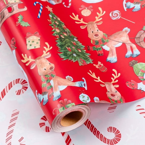 HOMERAL Christmas Wrapping Paper Roll - Red Gift Wrap with Reindeer, Snowman, Christmas Tree, Gift, Candy - Perfect for Christmas - 17 Inch X 33 Feet
