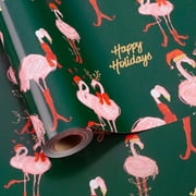 HOMERAL Christmas Wrapping Paper Roll - Gold Printed Flamingo with Christmas Hat on Green Cute for Christmas, New Year Celebration, Holiday - 17 Inch x 33 Ft(46.8 sq.ft.ttl.)