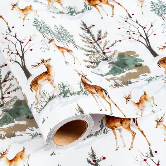 HOMERAL Christmas Wrapping Paper Roll - 17 In X 16.5 Ft (23.3 sqft) - Watercolor Winter Forest Deer Gift Wrap