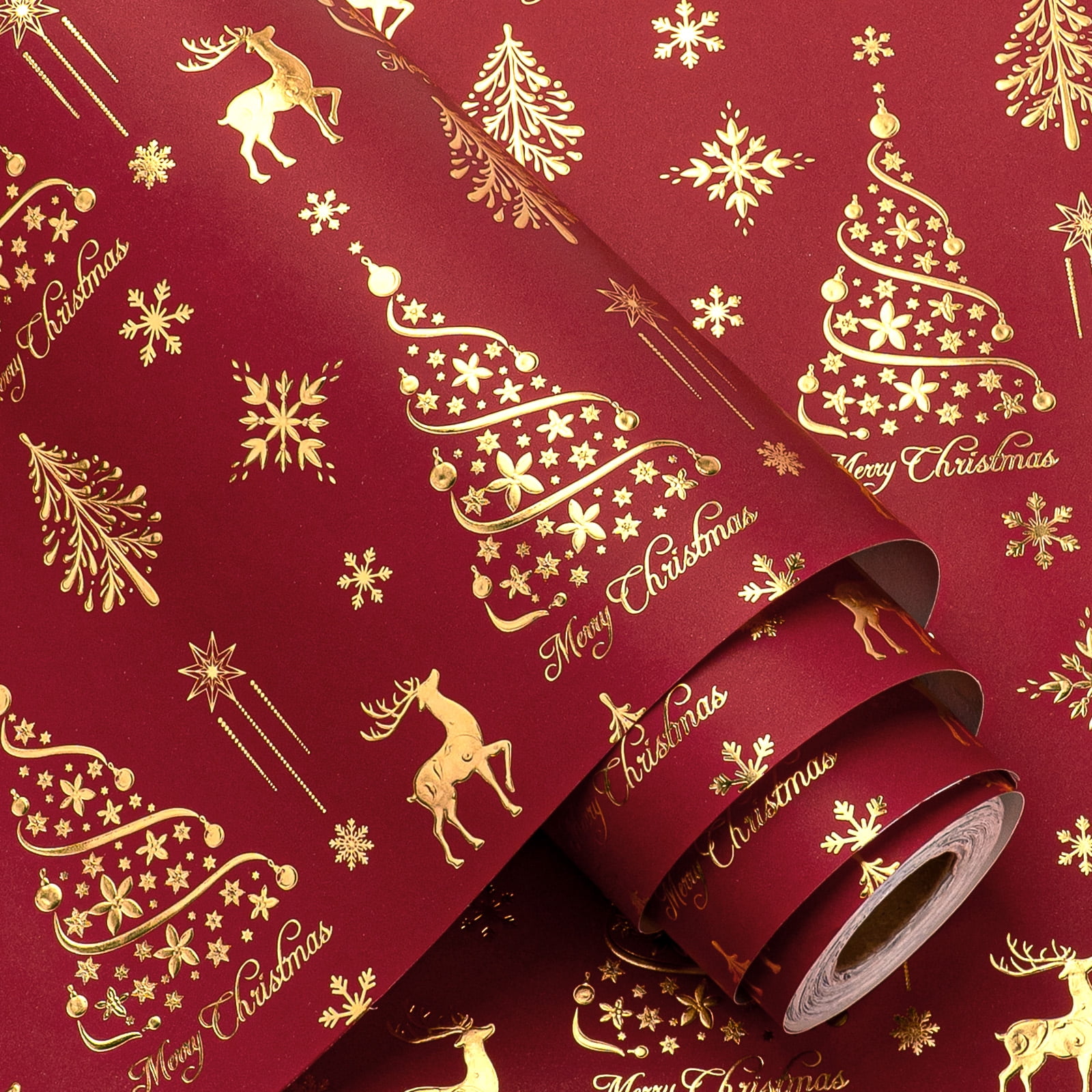 HOMERAL Christmas Wrapping Paper Roll Dark Green Gold Foil Reindeer ...