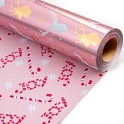 HOMERAL Christmas Wrapping Paper Roll - Pink Gift Wrap with Reindeer, Snowflake and Candy Cane - Perfect for Christmas - 17 Inch X 33 Feet