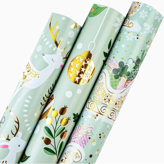 HOMERAL Christmas Wrapping Paper Roll Set- 17 X 120 in Per Roll(42.5 sq.ft.ttl.) Green Sleigh, Reindeer, Ball with Metallic Shine