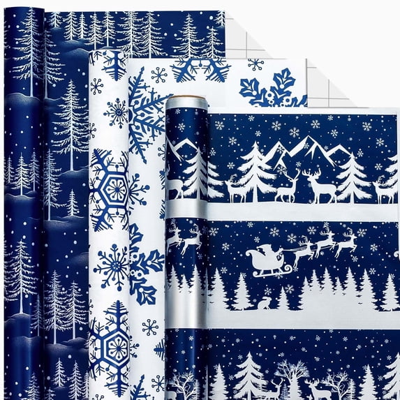 HOMERAL Christmas Wrapping Paper Roll Set- 17 X 120 in Per Roll(42.5 sq.ft.ttl.) Navy Blue Christmas Tree, Snowflake