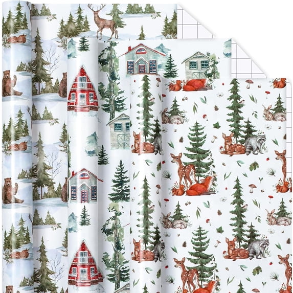 HOMERAL Christmas Wrapping Paper Roll Set- 17 X 120 in Per Roll(42.5 sq.ft.ttl.) Vintage Reindeer, Christmas Tree, House