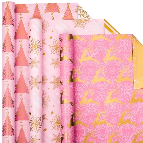 HOMERAL Christmas Wrapping Paper Roll - Pink Gift Wrap with Snowflakes, Elk, Christmas Tree - Perfect for Christmas - 17 X 120 Inch(3 Rolls)