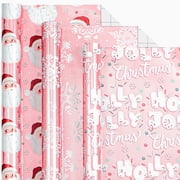 HOMERAL Christmas Wrapping Paper Roll - Pink Santa Claus Head and Snowflake Gift Wrap - Perfect for Christmas - 17 X 120 Inch(3 Rolls)