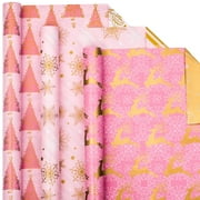 HOMERAL Christmas Wrapping Paper, Reversible Pink Christmas Tree, HO Santa Laughte, Snowflake, Reindeer, Design Gift Wrapping Paper Suitable for Christmas, Mini Roll - 17 Inch X 33 Feet