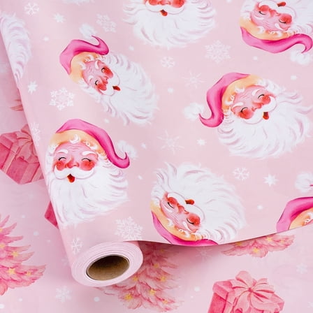 HOMERAL Christmas Wrapping Paper Roll - Pink Gift Wrap with Santa Claus, Dahlia, Christmas Gift Box, Christmas Tree - Perfect for Christmas - 17 Inch X 33 Feet