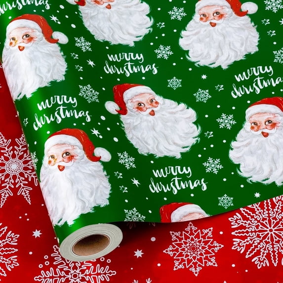 HOMERAL Christmas Wrapping Paper Roll - Green Gift Wrap with Santa Claus Head, Snowflake, "Merry Christmas" Letters - Perfect for Christmas - 17 Inch X 33 Feet