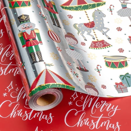 HOMERAL Reversible Christmas Wrapping Paper Roll - Gift Wrap with Nutcracker soldiers, Christmas Grees, Gifts, and "Merry Christmas" - Perfect for Christmas - 17 Inch X 33 Feet