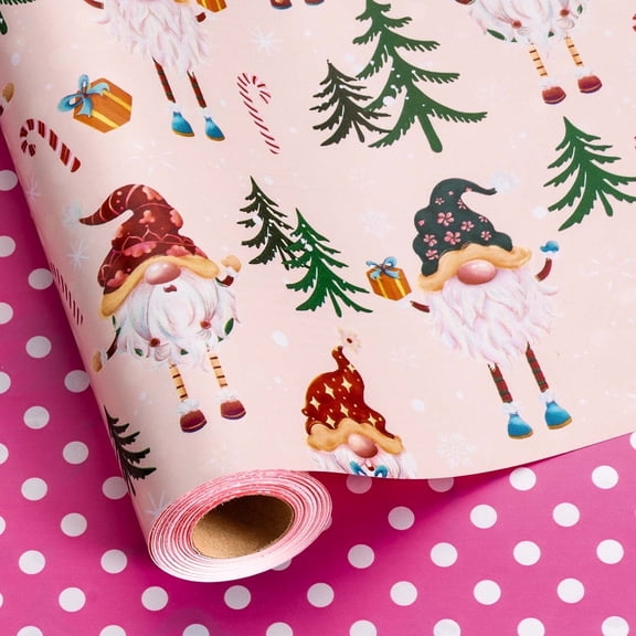 HOMERAL Christmas Wrapping Paper Roll - Pink Gift Wrap with Christmas Goblin, Christmas Gift Box, Christmas Tree, Snowflake - Perfect for Christmas - 17 Inch X 33 Feet