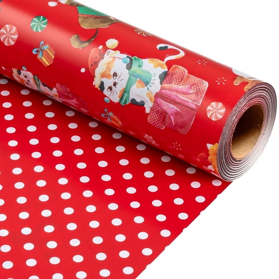 HOMERAL Christmas Wrapping Paper Roll - Red Gift Wrap with Christmas Hat, Christmas Cat, Christmas Gift Box, Candy and Polka Dots - Perfect for Christmas - 17 Inch X 33 Feet