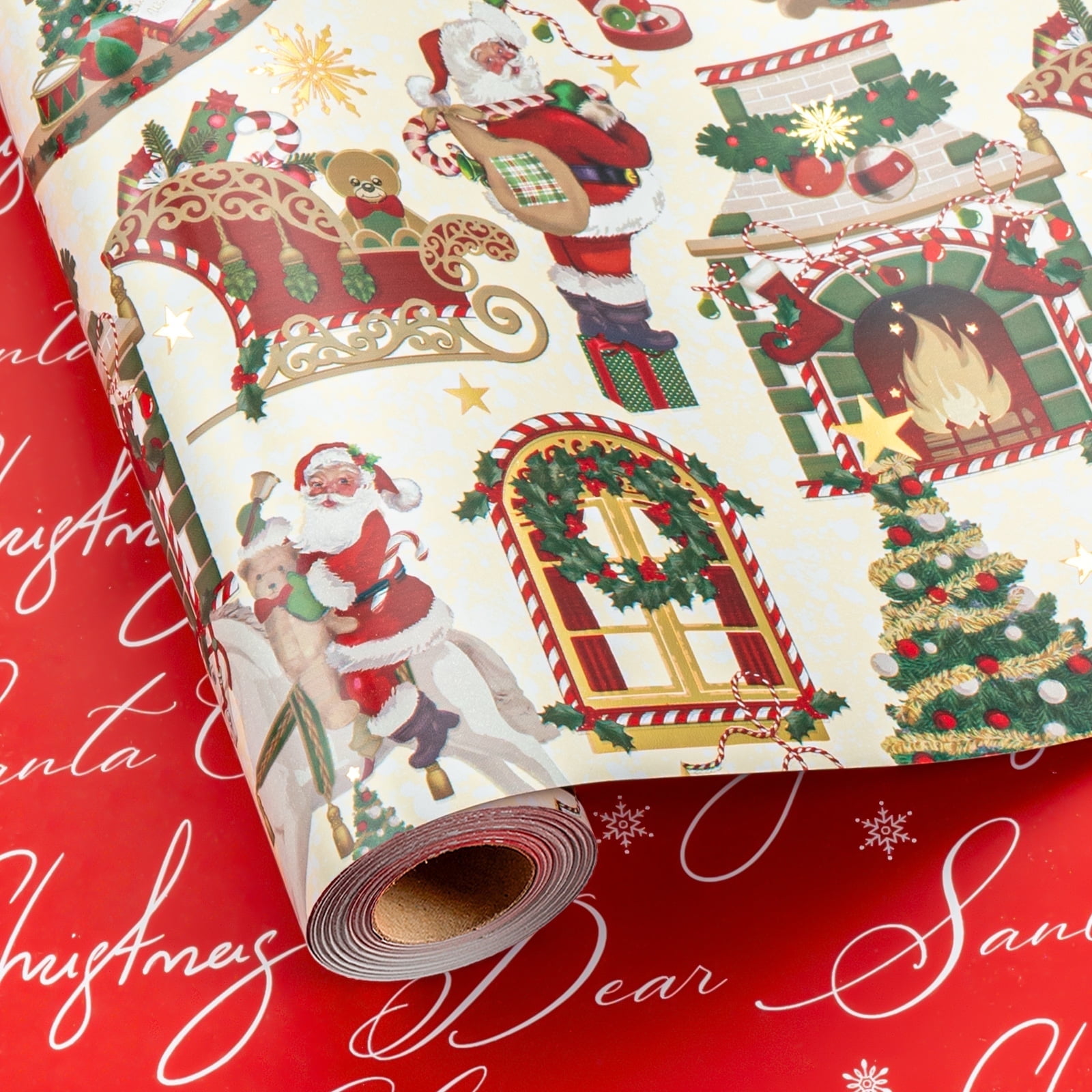 HOMERAL Christmas Wrapping Paper Roll - Gift Wrap with Santa Claus, Sleighs, Reindeer, and Christmas Trees - Perfect for Christmas - 17 Inch X 33 Feet
