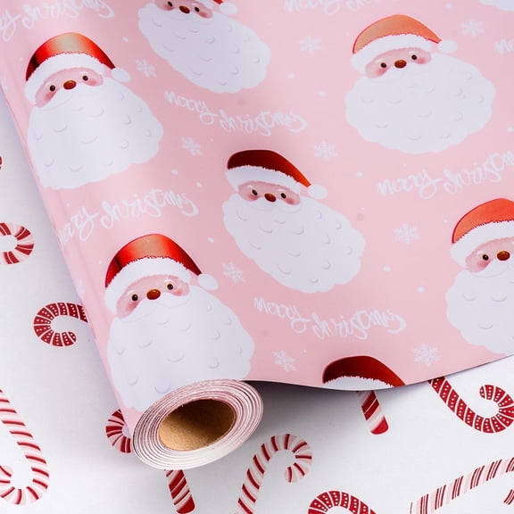 HOMERAL Christmas Wrapping Paper Roll - Pink Gift Wrap with Santa Claus Head, Snowflake, "Merry Christmas" Letters and Candy - Perfect for Christmas - 17 Inch X 33 Feet