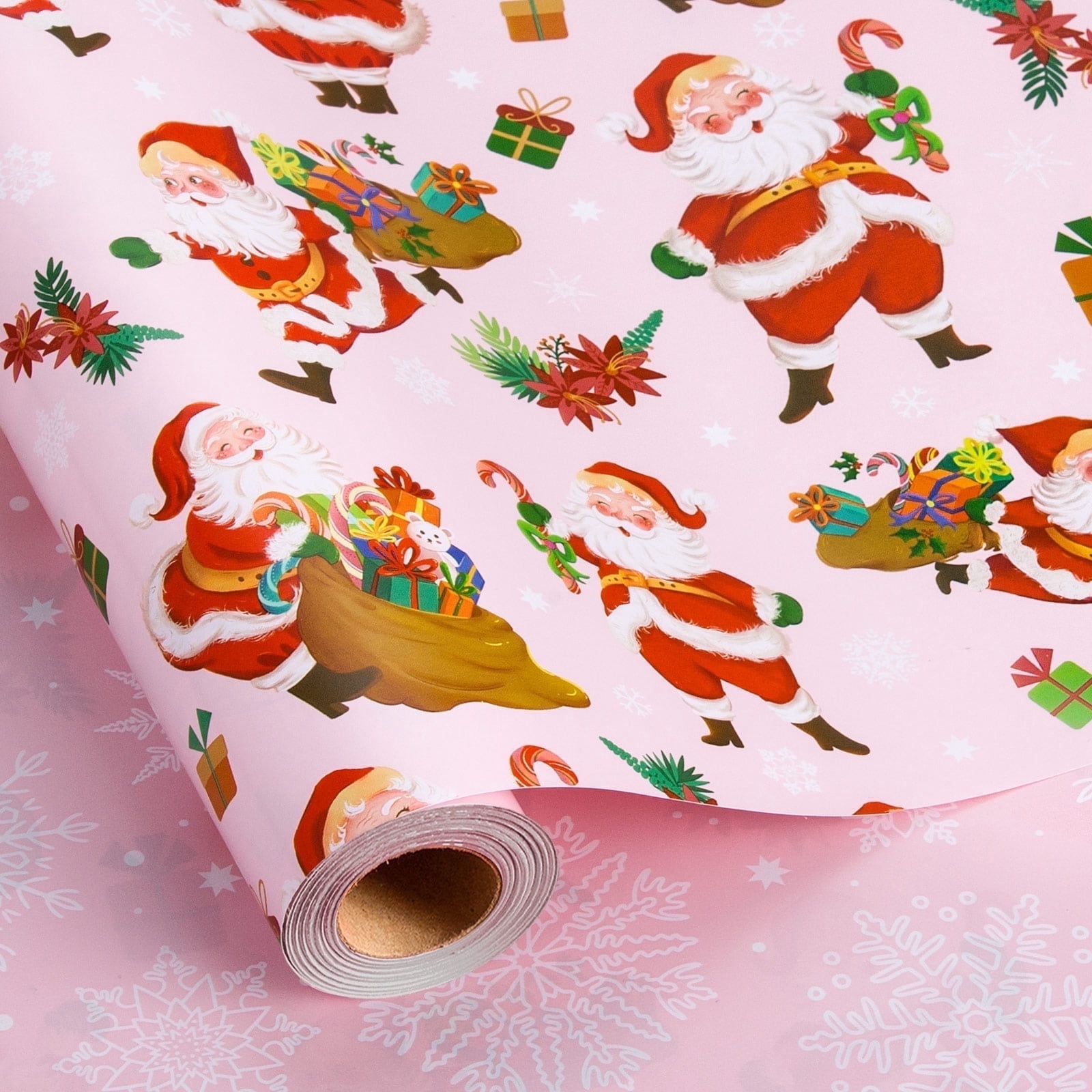 HOMERAL Christmas Wrapping Paper Roll - Pink Gift Wrap with Santa Claus ...