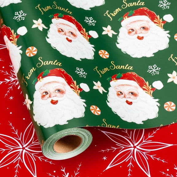 HOMERAL Christmas Wrapping Paper Roll - Grren Gift Wrap with Santa Claus Head, Snowflake, Candy and "Merry Christmas" Letters - Perfect for Christmas - 17 Inch X 33 Feet
