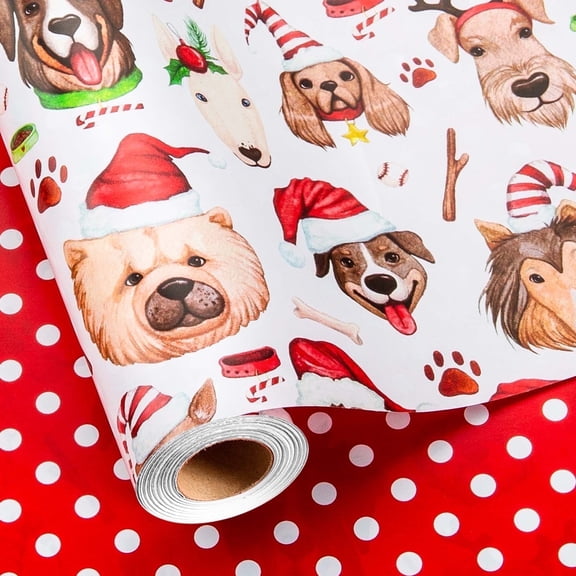 HOMERAL Christmas Wrapping Paper Roll - Gift Wrap with Christmas Dog Head, Christmas Hat - Perfect for Christmas - 17 Inch X 33 Feet