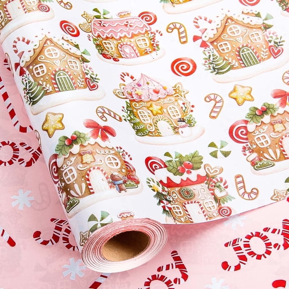 HOMERAL Christmas Wrapping Paper Roll - Pink Gift Wrap with Cookie House - Perfect for Christmas - 17 Inch X 33 Feet