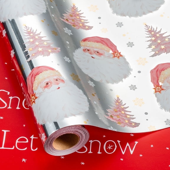 HOMERAL Christmas Wrapping Paper Roll - Silver Gift Wrap with Santa Claus Head and Christmas Tree - Perfect for Christmas - 17 Inch X 33 Feet