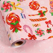 HOMERAL Christmas Wrapping Paper Roll - Pink Gift Wrap with Lollipop, Candy Cane and Snowflake- Perfect for Christmas - 17 Inch X 33 Feet