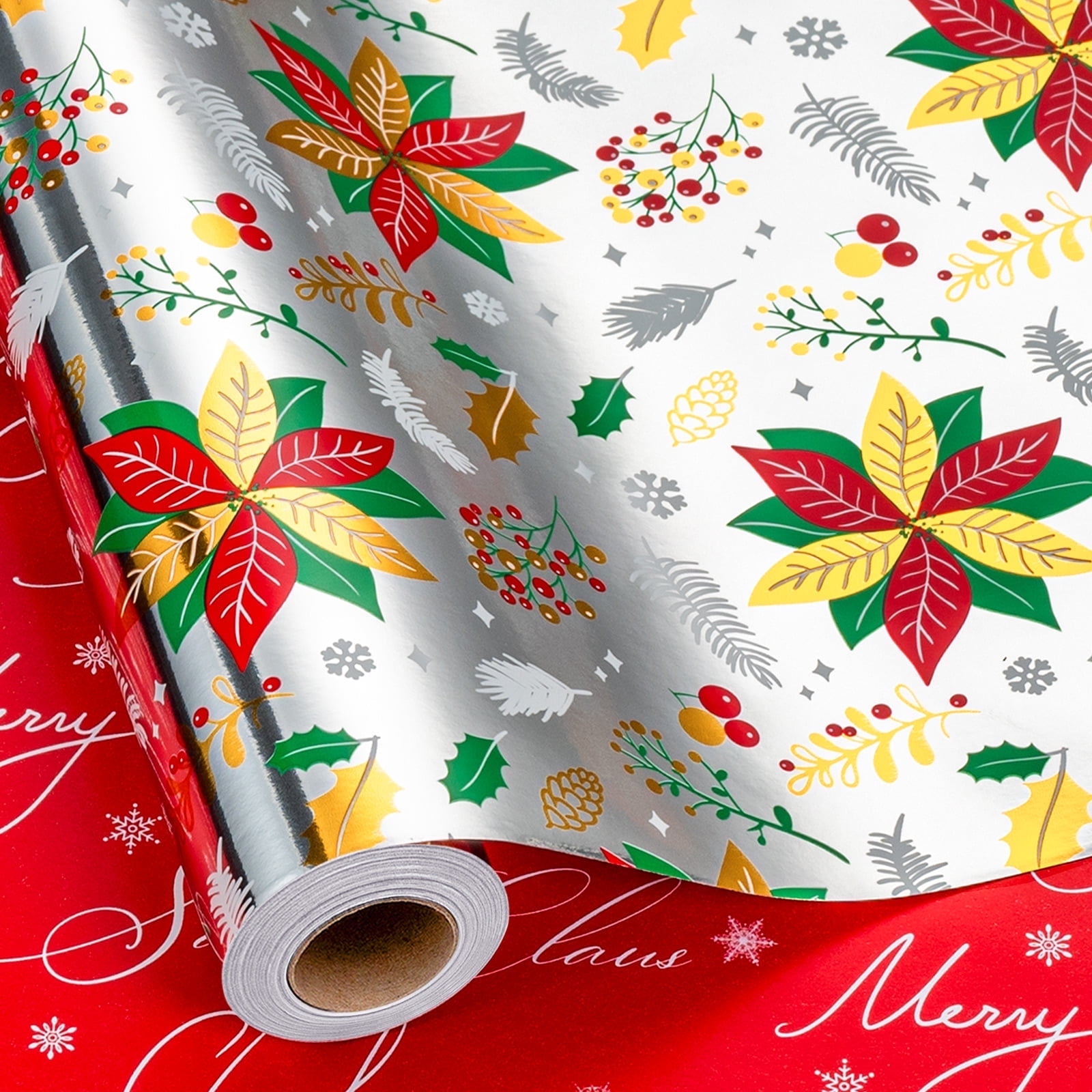 HOMERAL Christmas Wrapping Paper Roll - Silver Gift Wrap with Dahlia ...