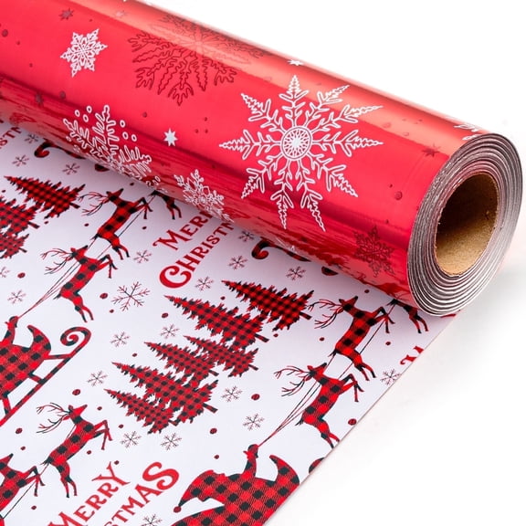 HOMERAL Christmas Wrapping Paper Roll - Red Gift Wrap with Snowflakes, Christmas Trees, Elks, "Merry Christmas" Words - Perfect for Christmas - 17 Inch X 33 Feet