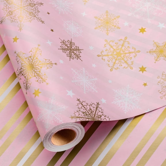 HOMERAL Christmas Wrapping Paper Roll - Pink Gift Wrap with Snowflakes, Stripes - Perfect for Christmas - 17 Inch X 33 Feet