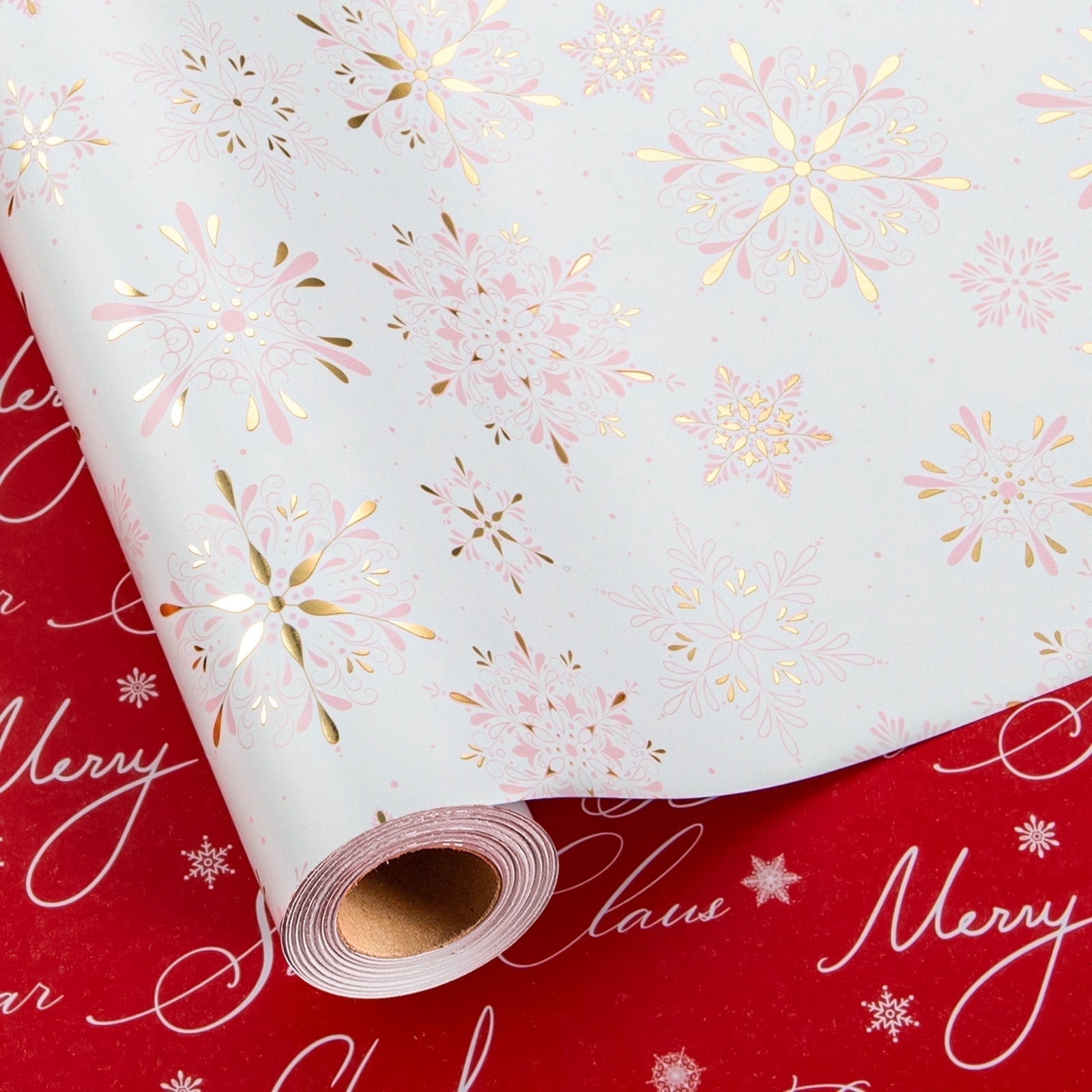 HOMERAL Christmas Wrapping Paper Roll - Pink Snowflake Gift Wrap ...