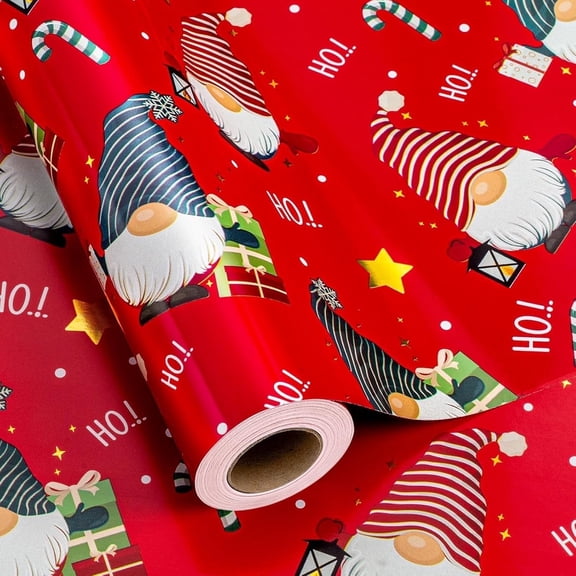 HOMERAL Christmas Wrapping Paper Roll - Red Gift Wrap with Goblins, Stars, Candy Canes, Gift Boxes, Letters "HO" - Perfect for Christmas - 17 Inch X 33 Feet