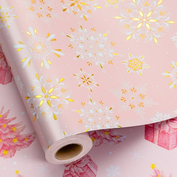 HOMERAL Christmas Wrapping Paper Roll - Pink Christmas Snowflakes Gift Wrap - Perfect for Christmas - 17 Inch X 33 Feet