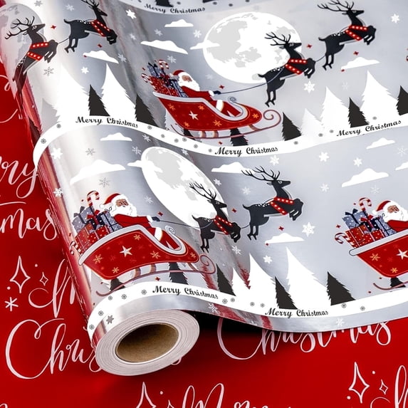 HOMERAL Christmas Wrapping Paper Roll - Silver Gift Wrap with Santa Claus, Snowflake, Elk, Christmas Tree, House - Perfect for Christmas - 17 Inch X 33 Feet