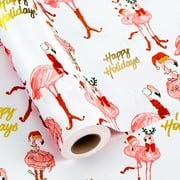 HOMERAL Valentine's Day Wrapping Paper Roll-17 In X 33 Ft(46.8 sqft)-Metallic Foil Romantic Pink Flamingo Patterns with Happy Holiday Letterings for Holiday,Birthday