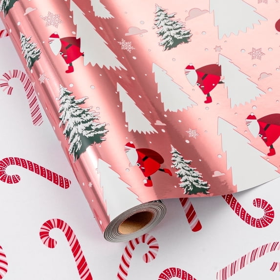 HOMERAL Christmas Wrapping Paper Roll - Pink Gift Wrap with Christmas Trees, Santa Claus, Snowflakes - Perfect for Christmas - 17 Inch X 33 Feet