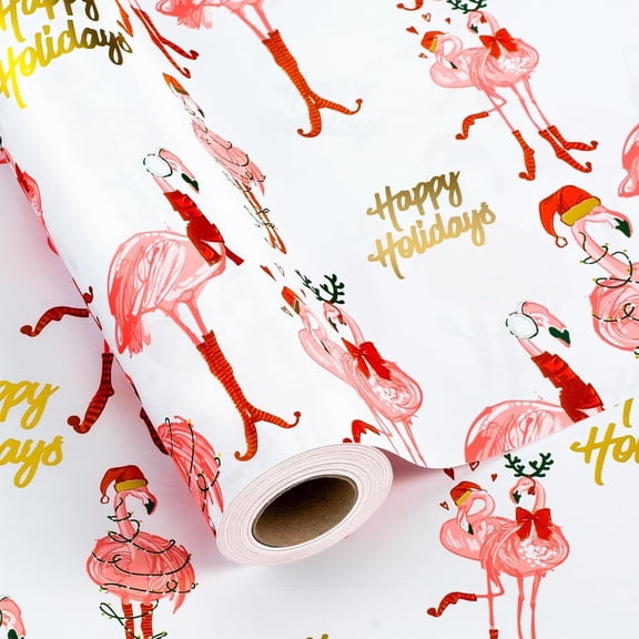HOMERAL Valentine's Day Wrapping Paper Roll-17 In X 33 Ft(46.8 sqft)-Metallic Foil Romantic Pink Flamingo Patterns with Happy Holiday Letterings for Holiday,Birthday