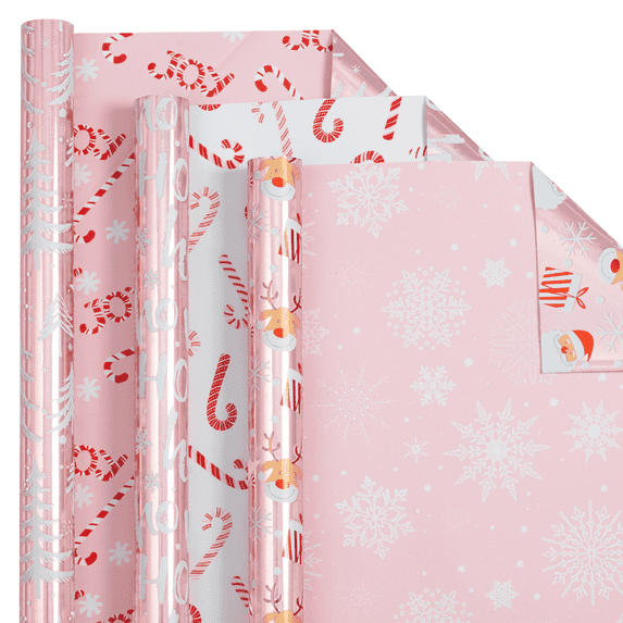 HOMERAL Christmas Wrapping Paper, Reversible Pink Christmas Tree, HO Santa Laughte, Snowflake, Reindeer, Design Gift Wrapping Paper Suitable for Christmas, Mini Roll - 17 Inch X 33 Feet