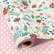 HOMERAL Floral Wrapping Paper Roll with Pink Polka Dots Reverse- 17 In X 32.8 Ft(46.5 sqft) Vintage Warm Flower Design Gift Wrap for Mothers Day, Valentines Day
