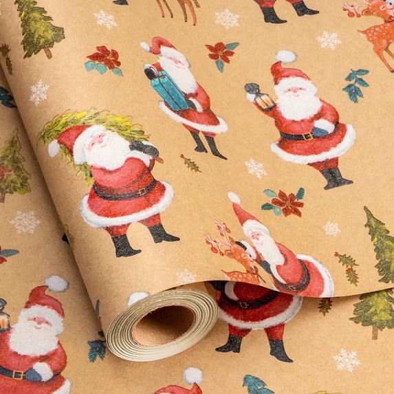 HOMERAL Christmas Wrapping Paper Roll - Gift Wrap with Santa Claus, Reindeer, and Snowflakes - Perfect for Christmas - 17 Inch X 33 Feet