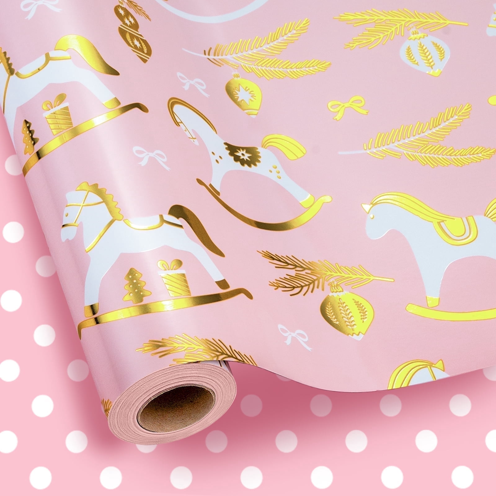 HOMERAL Christmas Wrapping Paper Roll - Pink Gift Wrap with Wooden ...
