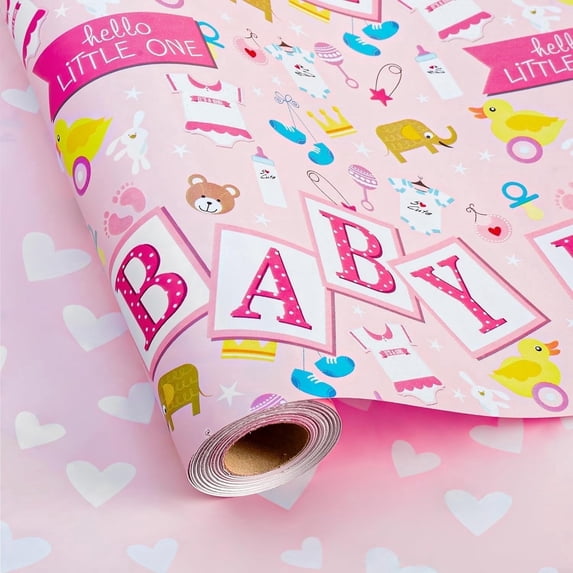 HOMERAL Pink Baby Shower Wrapping Paper Roll, 17 In X 32.8 Ft(46.5 sq.ft.ttl.) BABY Design Gift Wrap with Pink Heart Reverse for Baby Shower, Baby Girl Birthday, Gender Reveal, Newborn Celebrations