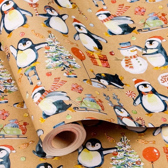HOMERAL Christmas Wrapping Paper Roll - Gift Wrap with Penguins, Christmas Trees, Gifts - Perfect for Christmas - 17 Inch X 33 Feet