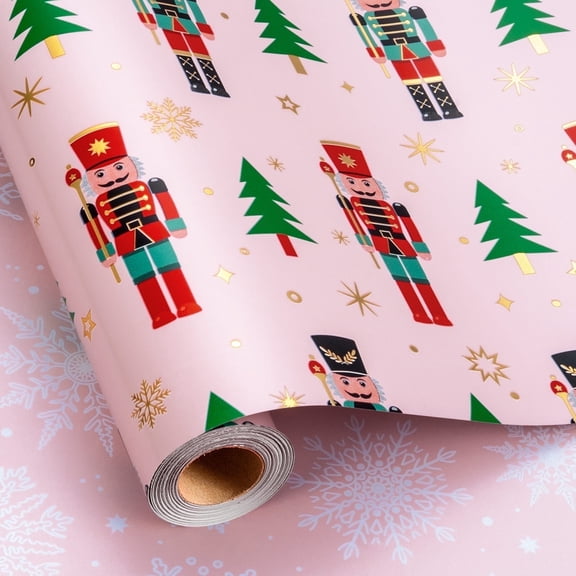 HOMERAL Christmas Wrapping Paper Roll - Pink Gift Wrap with Nutcracker, Snowflake, Christmas Tree, Star - Perfect for Christmas - 17 Inch X 33 Feet