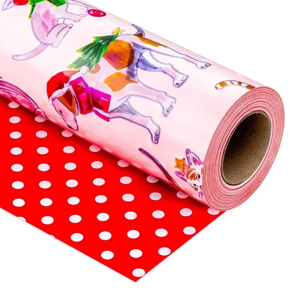 HOMERAL Christmas Light Pink Wrapping Paper Roll - Gift Wrap with Dogs and Cats - Perfect for Christmas - 17 Inch X 33 Feet