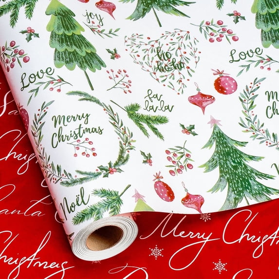HOMERAL Christmas Wrapping Paper Roll - Gift Wrap with Christmas Tree, Holly Leaves and "Merry Christmas" - Perfect for Christmas - 17 Inch X 33 Feet