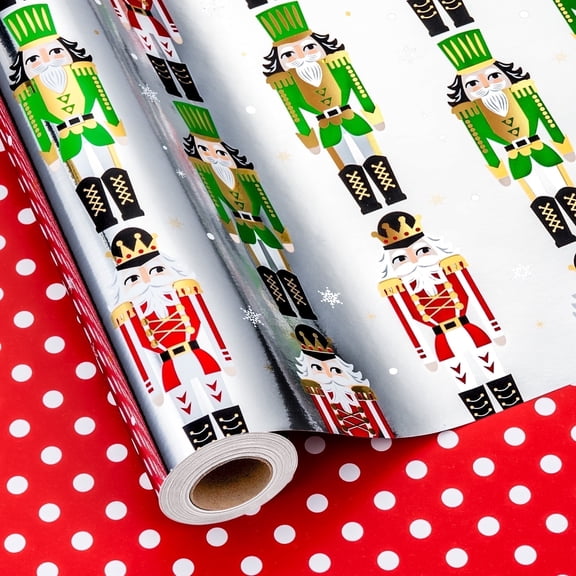 HOMERAL Green amd Red Nutcracker Wrapping Paper Roll, Reversible Christmas Wrapping Paper, Metallic Foil Elegant Vintage Nutcracker Gift Wrap for Present Packaging - 17 Inch X 33 Feet