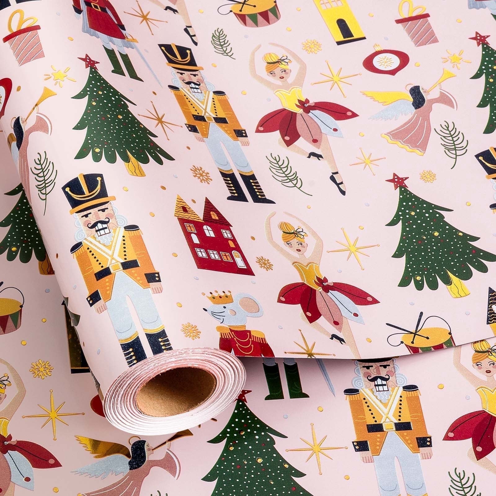 HOMERAL Christmas Wrapping Paper Roll - Pink Gift Wrap with Nutcracker ...