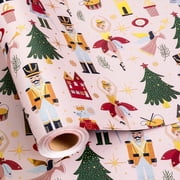HOMERAL Christmas Wrapping Paper Roll - Pink Gift Wrap with Nutcracker Soldiers, Dancing Girls, Christmas Trees, Gifts And Cottages - Perfect for Christmas - 17 Inch X 33 Feet