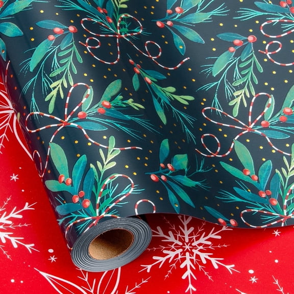 HOMERAL Christmas Wrapping Paper Roll - Deep Blue Gift Wrap with Berry, Bowknot - Perfect for Christmas - 17 Inch X 33 Feet