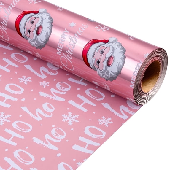 HOMERAL Christmas Wrapping Paper Roll - Pink Gift Wrap with Snowflakes, Santa Claus Head, and "HO" Letter - Perfect for Christmas - 17 Inch X 33 Feet