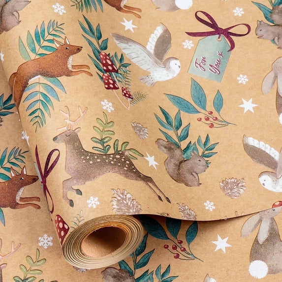 HOMERAL Christmas Wrapping Paper Roll - Gift Wrap with Deer, Birds, Berries and Stars - Perfect for Christmas - 17 Inch X 33 Feet